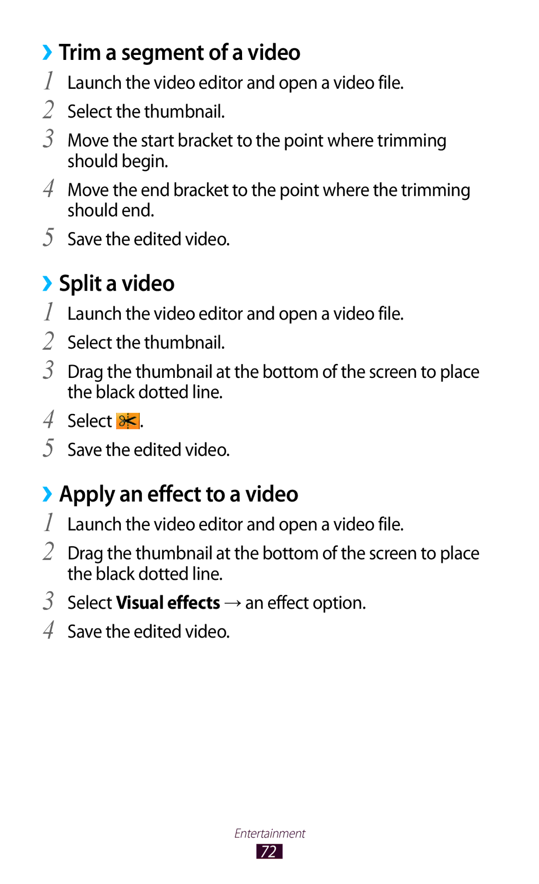 Samsung GT-P3110TSASER, GT-P3110ZWFDBT manual ››Trim a segment of a video, ››Split a video, ››Apply an effect to a video 