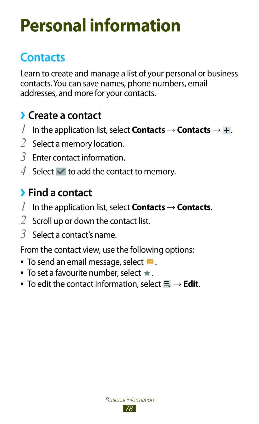 Samsung GT-P3110GRADBT Contacts, ››Create a contact, ››Find a contact, To edit the contact information, select → Edit 