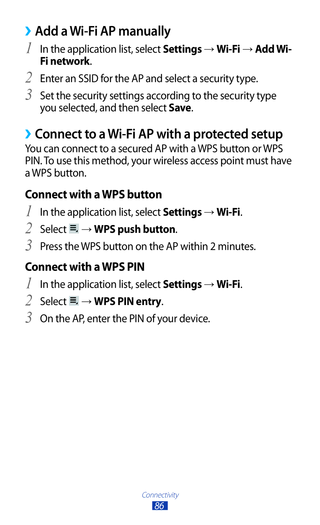 Samsung GT-P3110TSETPH, GT-P3110ZWFDBT ››Add a Wi-Fi AP manually, Select → WPS push button, Select → WPS PIN entry 