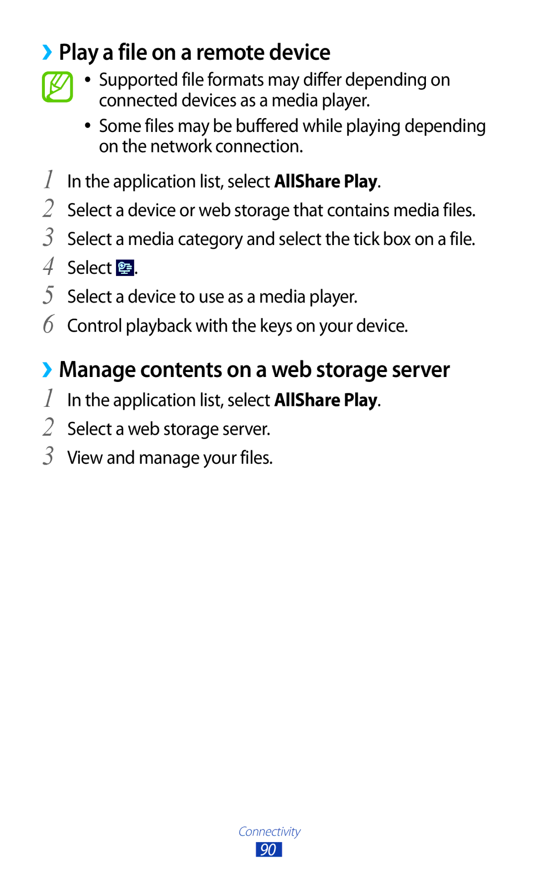 Samsung GT-P3110ZWADBT, GT-P3110ZWFDBT manual ››Play a file on a remote device, ››Manage contents on a web storage server 