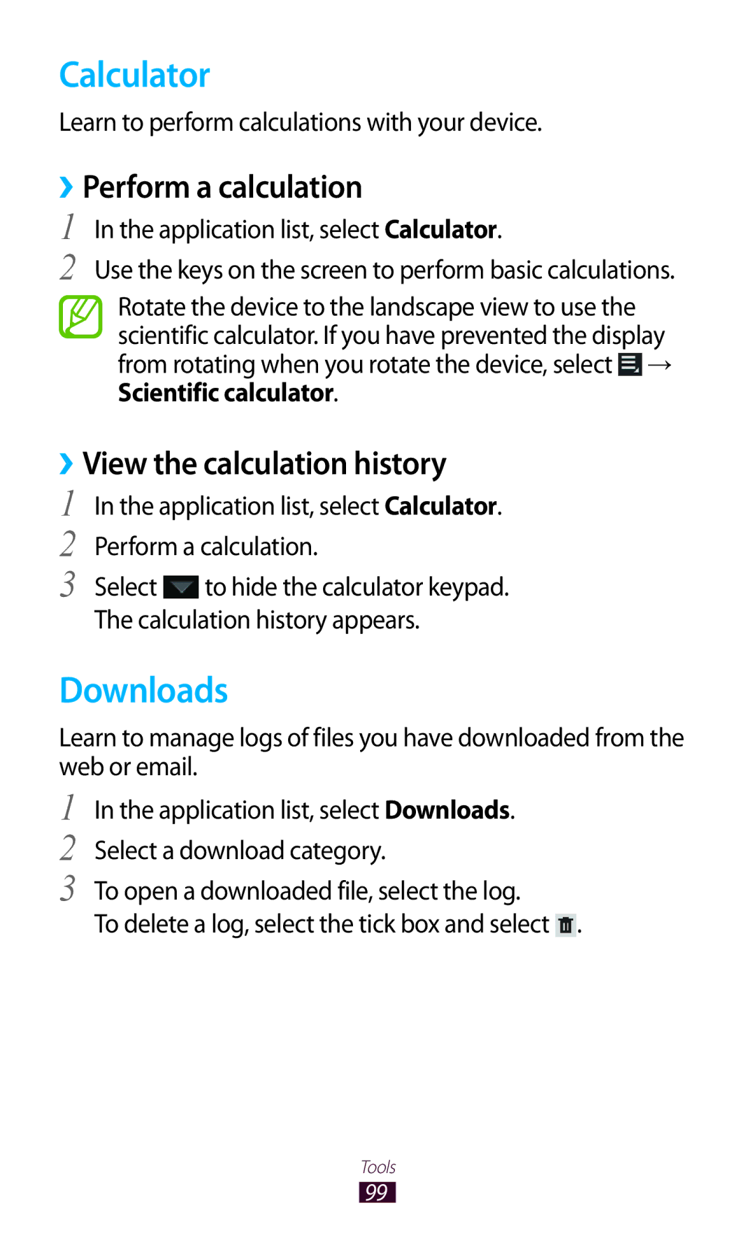 Samsung GT-P3110ZWAFTM, GT-P3110ZWFDBT manual Calculator, Downloads, ››Perform a calculation, ››View the calculation history 