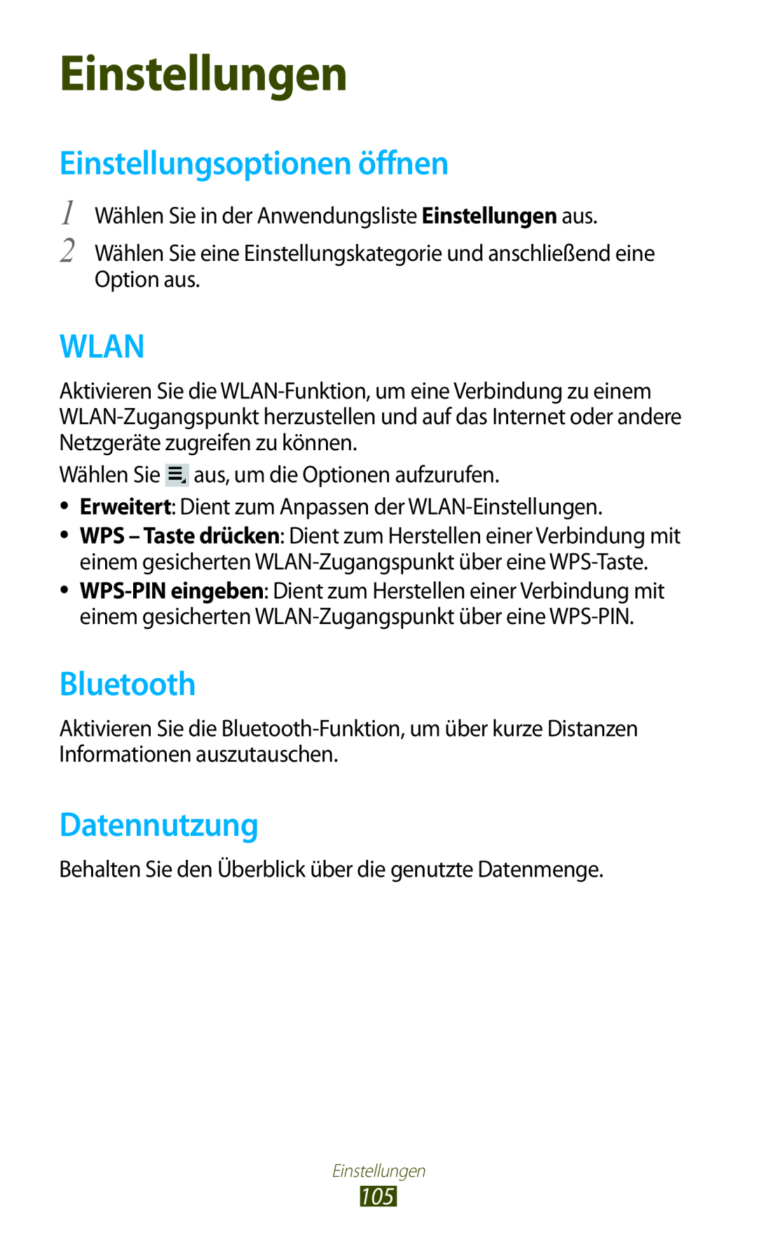 Samsung GT-P3110ZWADBT, GT-P3110ZWFDBT manual Einstellungen, Einstellungsoptionen öffnen, Datennutzung, Wlan, Bluetooth 