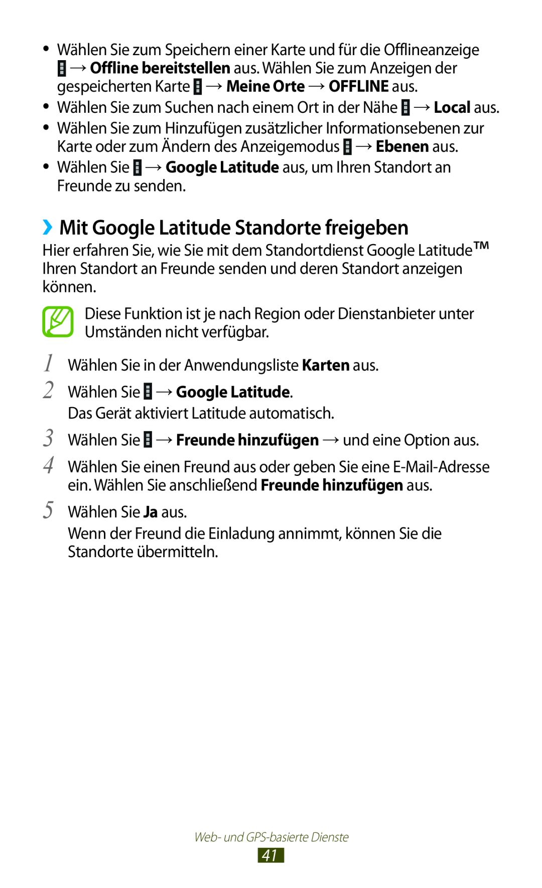 Samsung GT-P3110TSATUR, GT-P3110ZWFDBT manual ››Mit Google Latitude Standorte freigeben, Wählen Sie →Google Latitude 