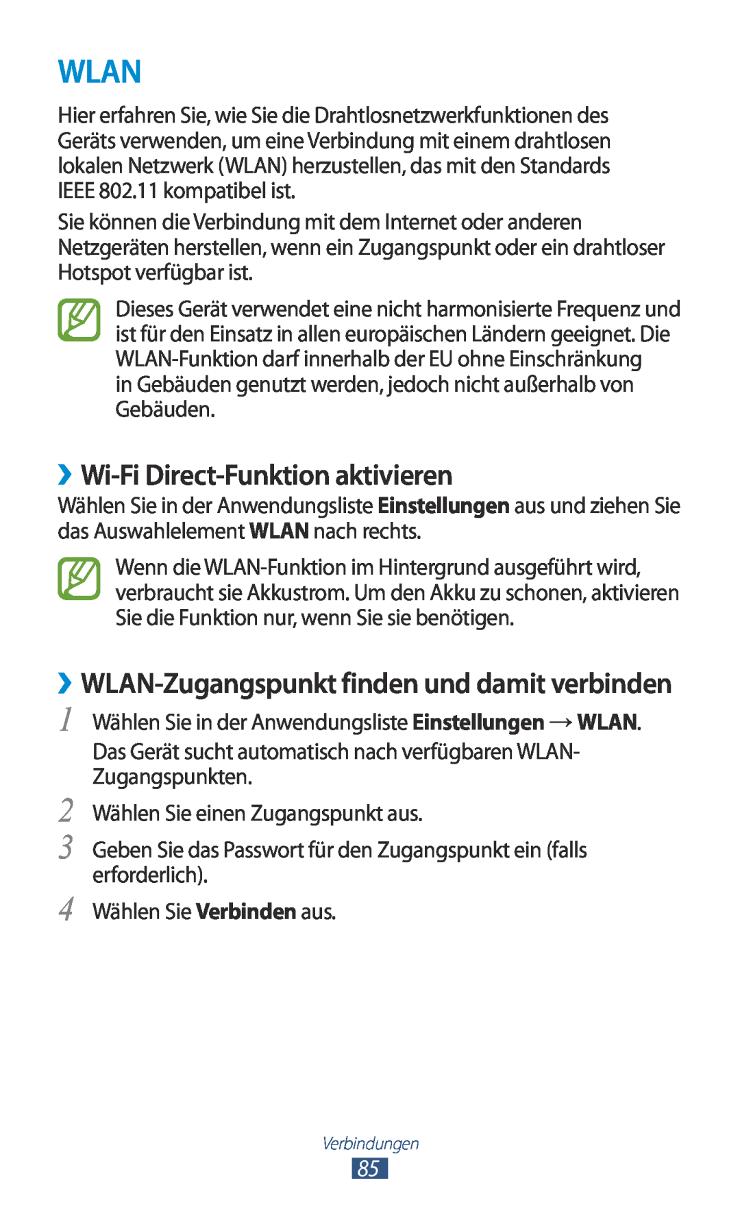 Samsung GT-P3110ZWATUR manual Wlan, ››Wi-Fi Direct-Funktion aktivieren, ››WLAN-Zugangspunkt finden und damit verbinden 