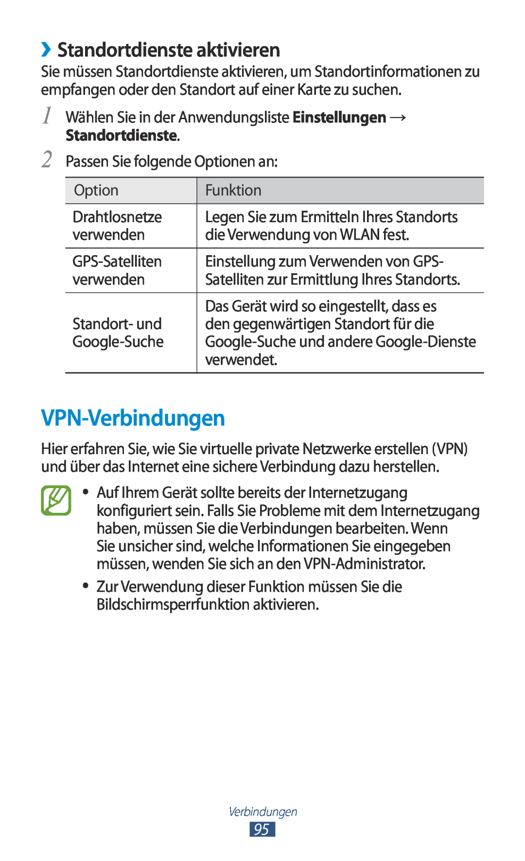 Samsung GT-P3110TSATUR, GT-P3110ZWFDBT, GT-P3110TSAXEO, GT-P3110ZWAATO manual VPN-Verbindungen, ››Standortdienste aktivieren 
