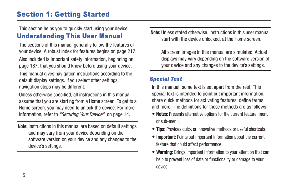 Samsung GT-P3113 user manual Getting Started, Special Text, This section helps you to quickly start using your device 