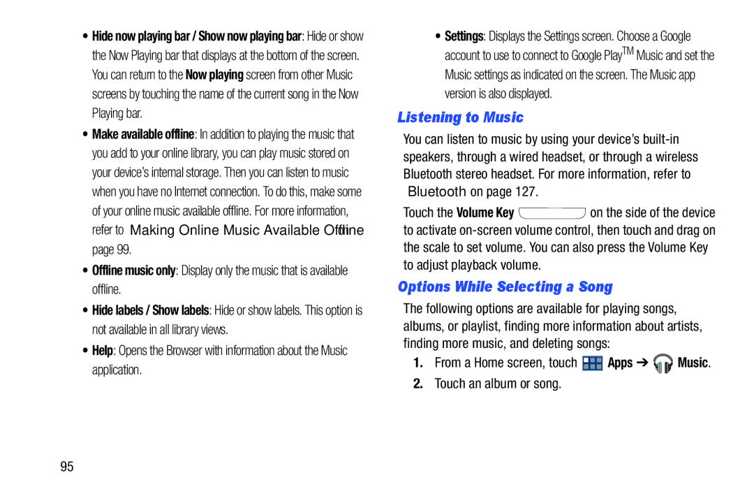Samsung GT-P3113 user manual Listening to Music, Options While Selecting a Song, Touch an album or song 