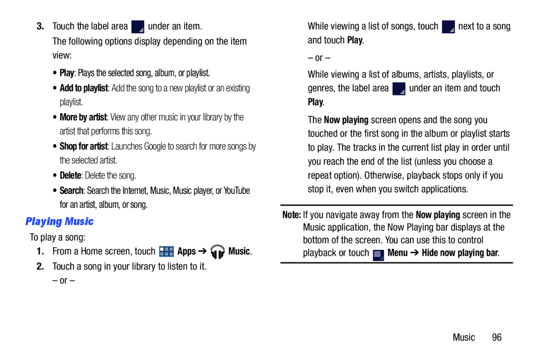 Samsung GT-P3113 user manual Playing Music, Delete Delete the song, To play a song 