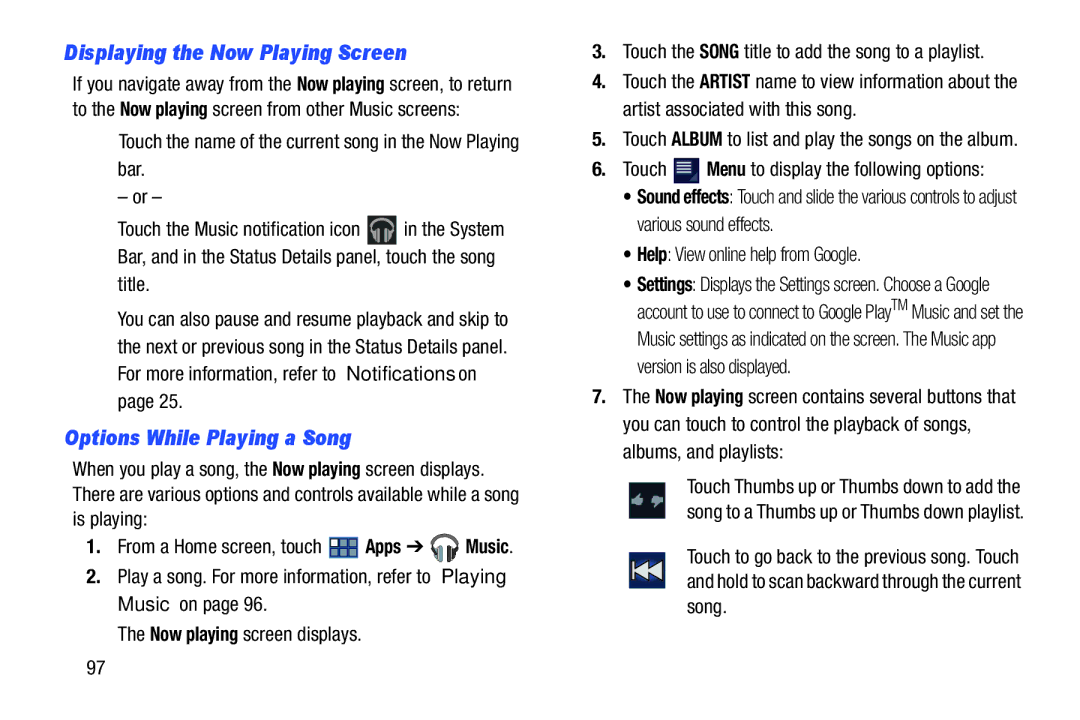 Samsung GT-P3113 Displaying the Now Playing Screen, Options While Playing a Song, Help View online help from Google 