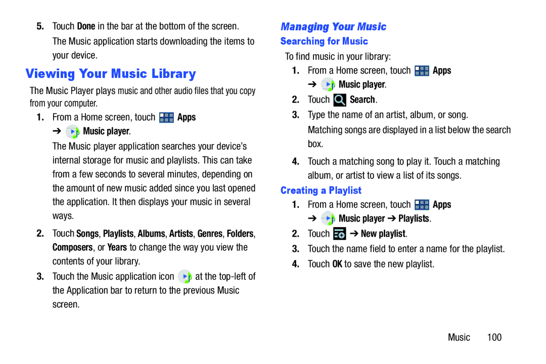 Samsung GT-P3113 user manual Viewing Your Music Library, Managing Your Music, Searching for Music, Creating a Playlist 