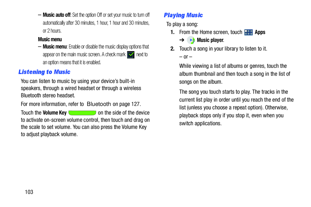 Samsung GT-P3113 user manual Music menu, To play a song From the Home screen, touch Apps, 103 