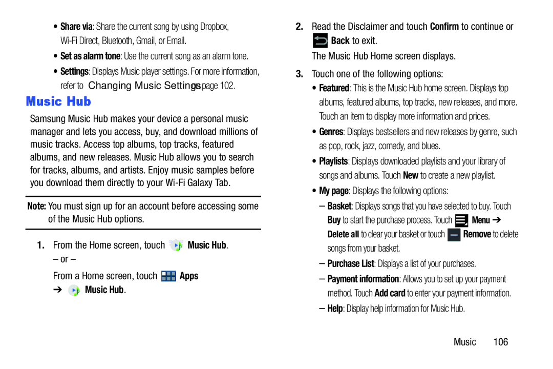 Samsung GT-P3113 user manual My page Displays the following options, Help Display help information for Music Hub 