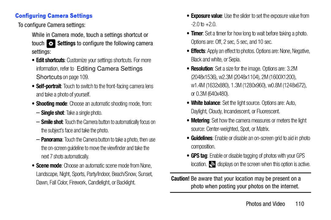 Samsung GT-P3113 user manual Configuring Camera Settings 