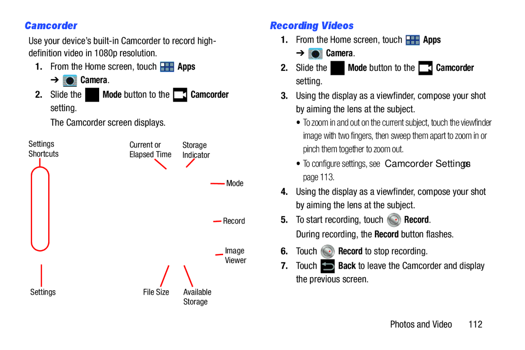 Samsung GT-P3113 user manual Camcorder, Recording Videos, 112 