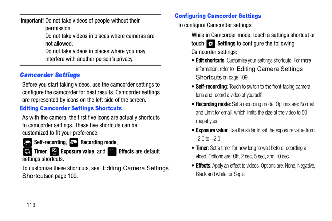 Samsung GT-P3113 Editing Camcorder Settings Shortcuts, Configuring Camcorder Settings, To configure Camcorder settings 