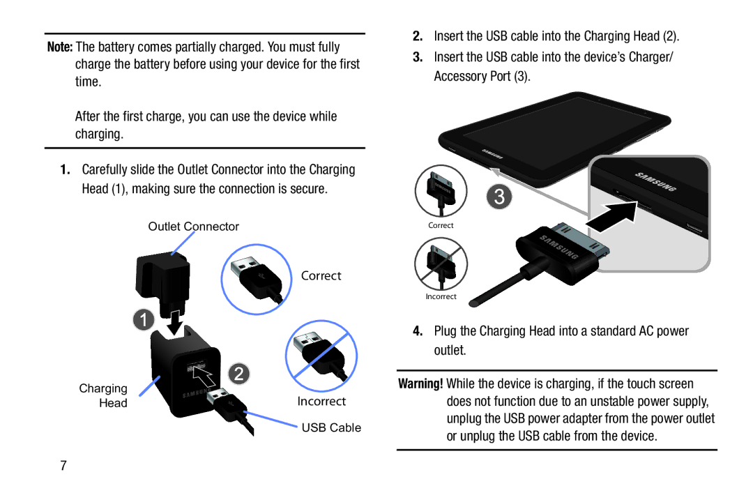 Samsung GT-P3113 user manual Plug the Charging Head into a standard AC power outlet, Correct, Outlet Connector 