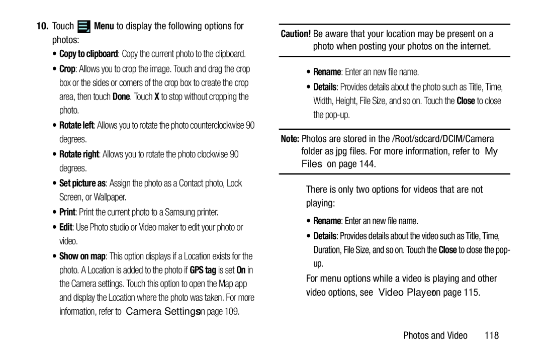 Samsung GT-P3113 user manual Touch Menu to display the following options for photos, Rename Enter an new file name, 118 