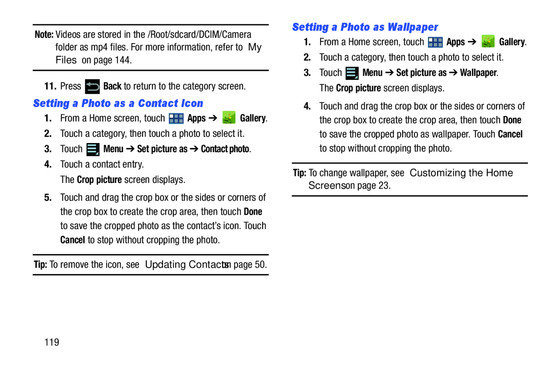 Samsung GT-P3113 user manual Setting a Photo as a Contact Icon, Setting a Photo as Wallpaper 