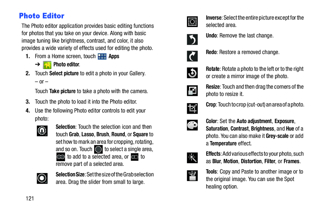 Samsung GT-P3113 user manual Photo Editor, Photo editor, So on. Touch to select a single area 