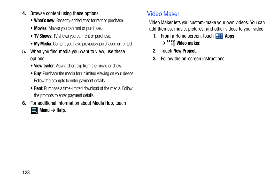 Samsung GT-P3113 user manual Video Maker, Menu Help, Video maker Touch New Project 