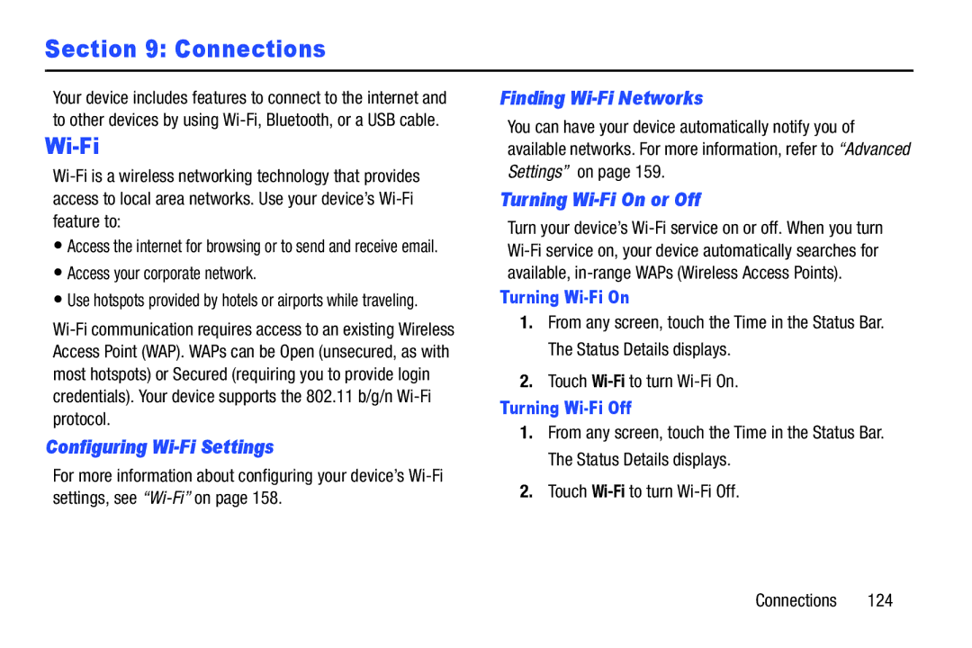 Samsung GT-P3113 user manual Connections, Configuring Wi-Fi Settings, Finding Wi-Fi Networks, Turning Wi-Fi On or Off 