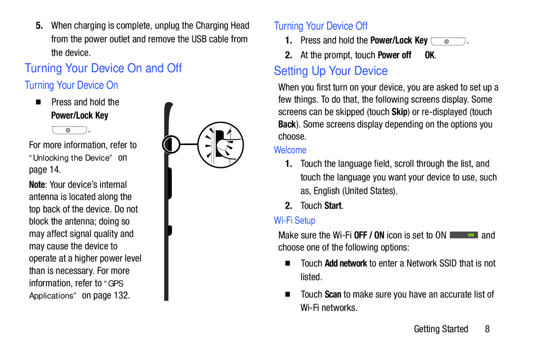 Samsung GT-P3113 user manual Turning Your Device On and Off, Setting Up Your Device, Turning Your Device Off 