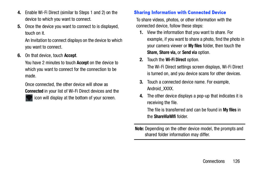 Samsung GT-P3113 user manual Icon will display at the bottom of your screen, Sharing Information with Connected Device 