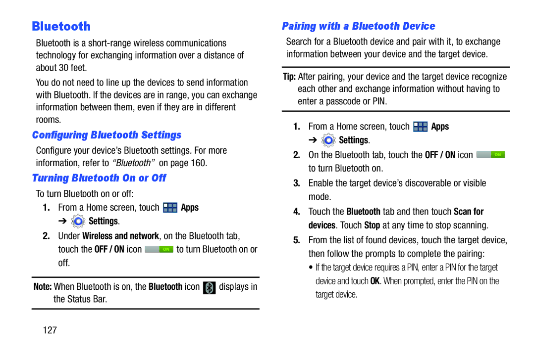 Samsung GT-P3113 Configuring Bluetooth Settings, Turning Bluetooth On or Off, Pairing with a Bluetooth Device 