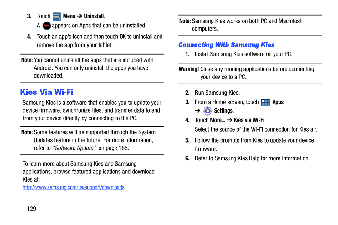 Samsung GT-P3113 Kies Via Wi-Fi, Connecting With Samsung Kies, Touch Menu Uninstall, Settings Touch More... Kies via Wi-Fi 