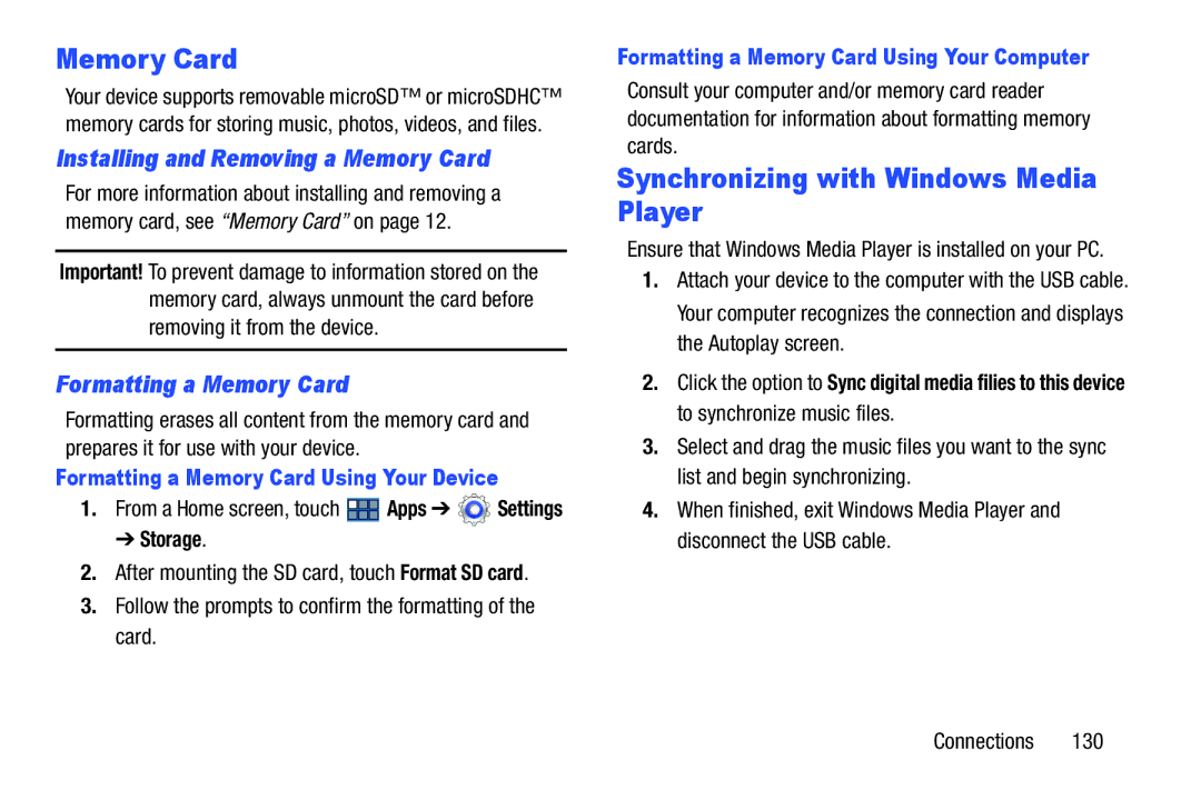 Samsung GT-P3113 Synchronizing with Windows Media Player, Installing and Removing a Memory Card, Formatting a Memory Card 