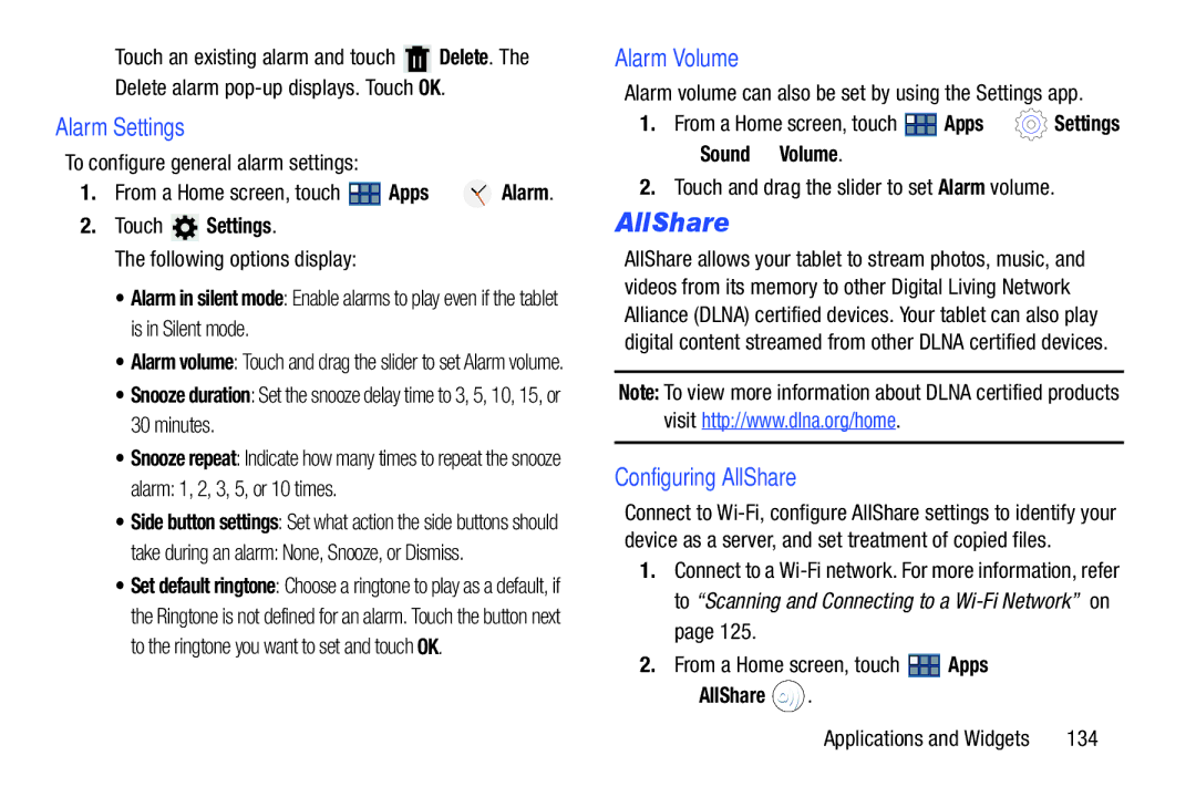 Samsung GT-P3113 user manual Alarm Settings, Alarm Volume, Configuring AllShare 