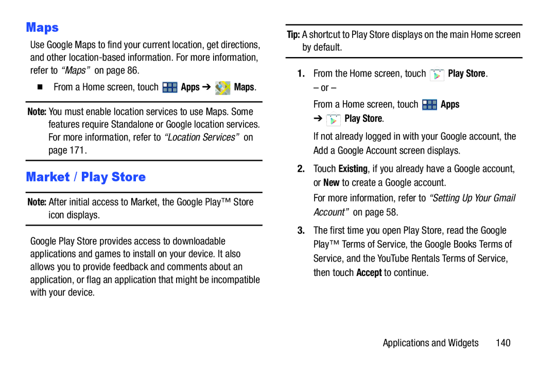 Samsung GT-P3113 user manual Market / Play Store, 140,  From a Home screen, touch Apps Maps 