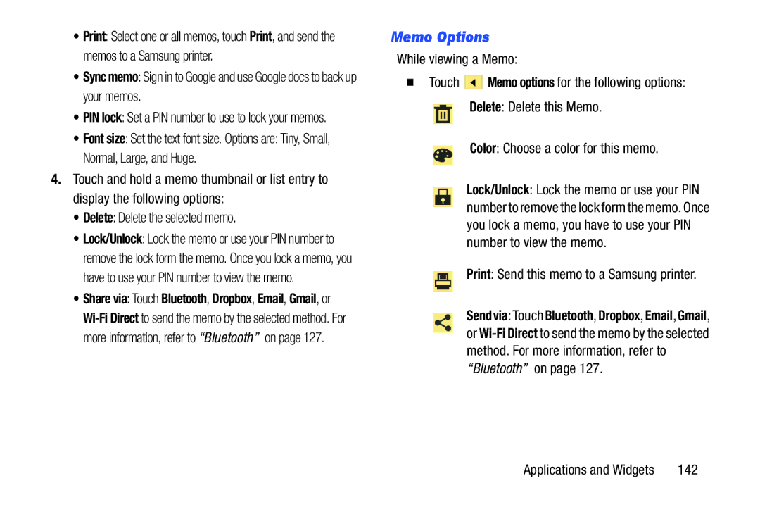 Samsung GT-P3113 Memo Options, While viewing a Memo, Delete Delete this Memo Color Choose a color for this memo, 142 