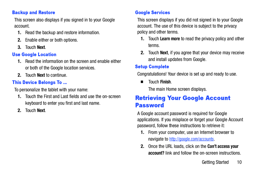 Samsung GT-P3113 user manual Retrieving Your Google Account Password 