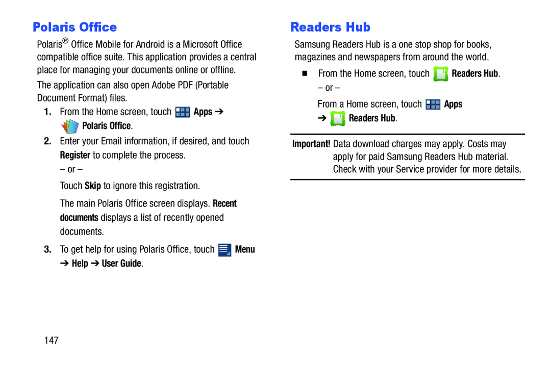 Samsung GT-P3113 user manual Polaris Office, Readers Hub, Help User Guide 