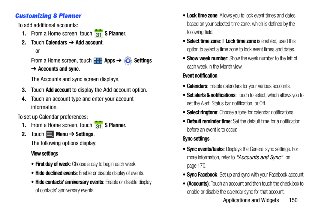 Samsung GT-P3113 Customizing S Planner, Touch Calendars Add account, View settings, Event notification, Sync settings 