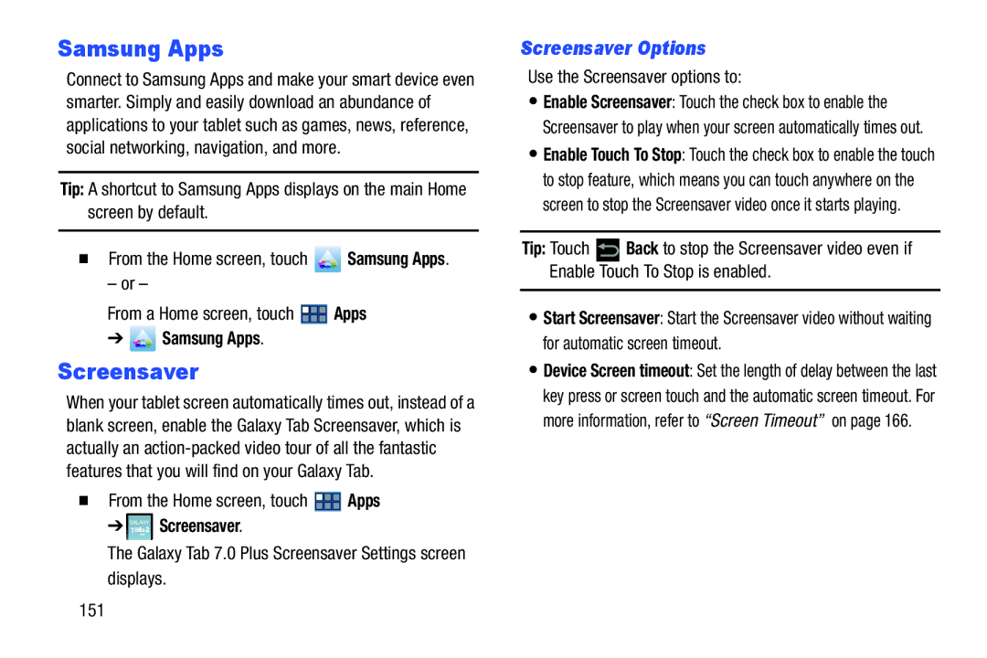 Samsung GT-P3113 user manual Samsung Apps, Screensaver Options 