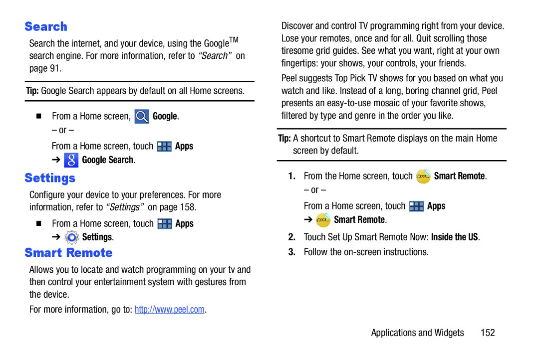 Samsung GT-P3113 user manual Settings, Smart Remote, Google Search 