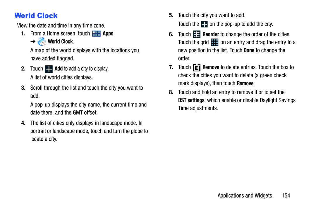 Samsung GT-P3113 user manual World Clock, Order, 154, Touch Reorder to change the order of the cities 