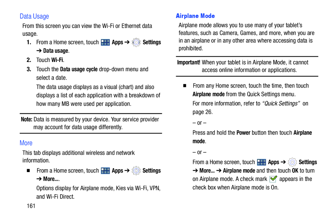 Samsung GT-P3113 user manual Data Usage, More, Touch the Data usage cycle drop-down menu and select a date, Airplane Mode 