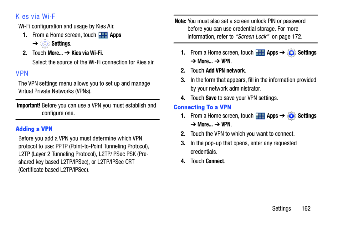 Samsung GT-P3113 user manual Kies via Wi-Fi, Adding a VPN, More... VPN Touch Add VPN network, Connecting To a VPN 