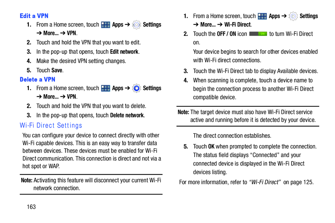 Samsung GT-P3113 Wi-Fi Direct Settings, Edit a VPN, Delete a VPN, Touch the OFF / on icon to turn Wi-Fi Direct on, 163 