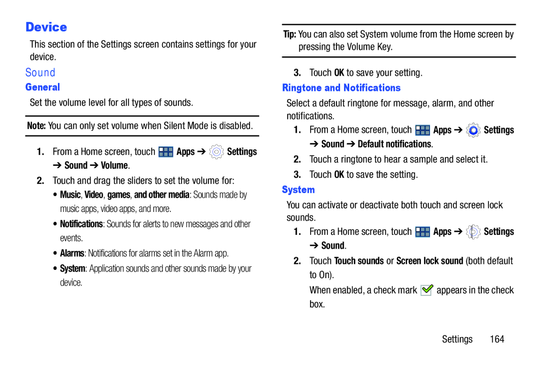 Samsung GT-P3113 user manual Device, Sound, General, Ringtone and Notifications, System 