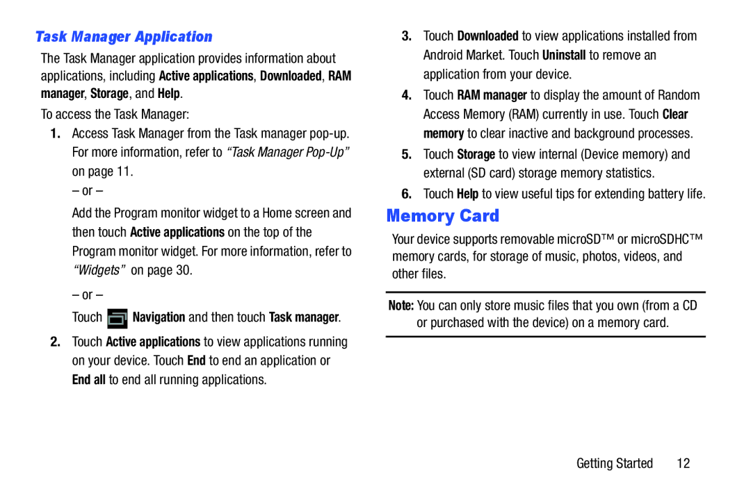 Samsung GT-P3113 Memory Card, Task Manager Application, Touch Help to view useful tips for extending battery life 