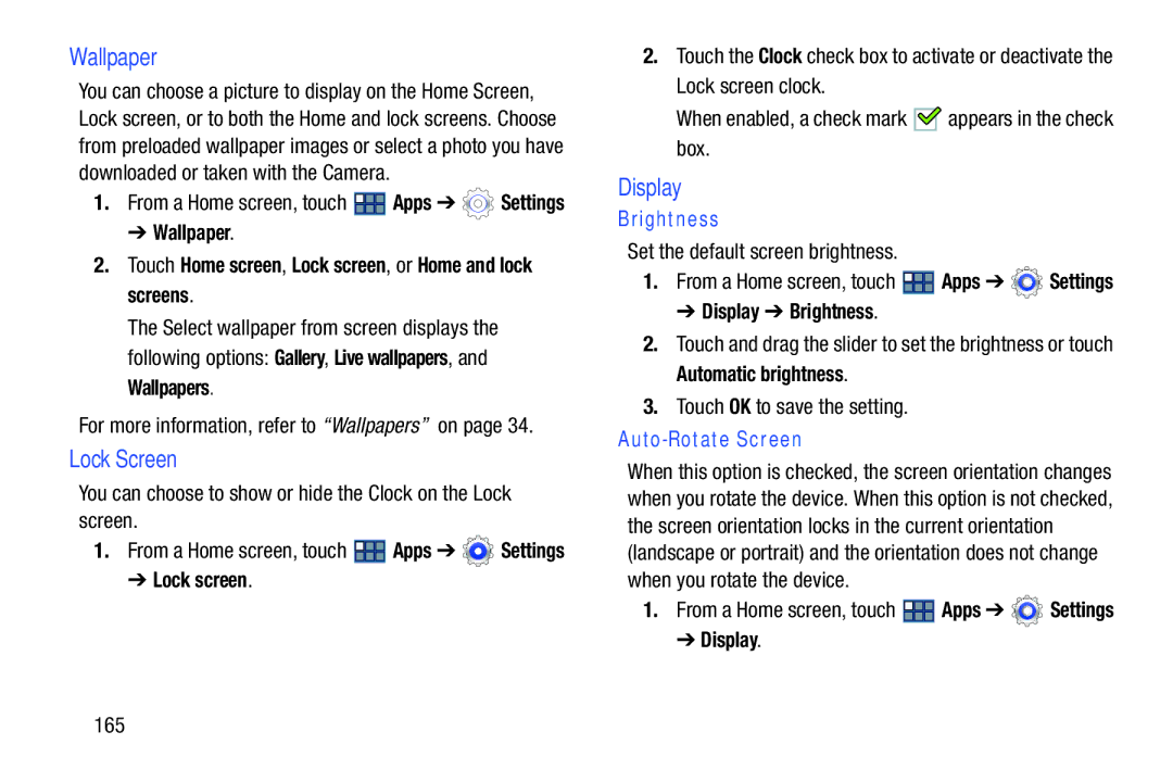 Samsung GT-P3113 user manual Wallpaper, Lock Screen, Display, Brightness, Auto-Rotate Screen 