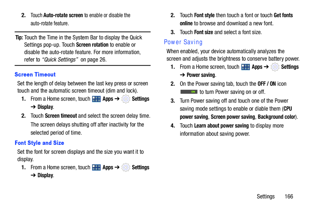 Samsung GT-P3113 Power Saving, Screen Timeout, Font Style and Size, Touch Font size and select a font size, Power saving 