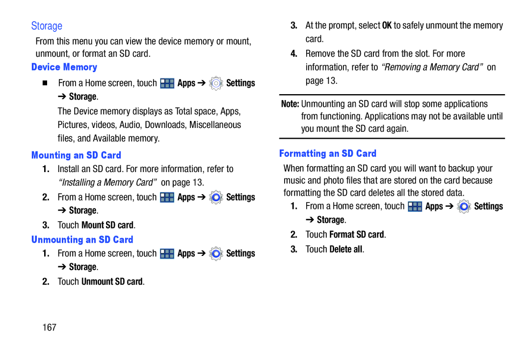 Samsung GT-P3113 user manual Storage, Device Memory, Mounting an SD Card, Unmounting an SD Card, Formatting an SD Card 