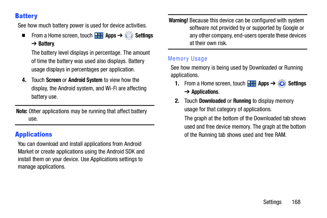 Samsung GT-P3113 user manual Battery, Applications, Memory Usage 