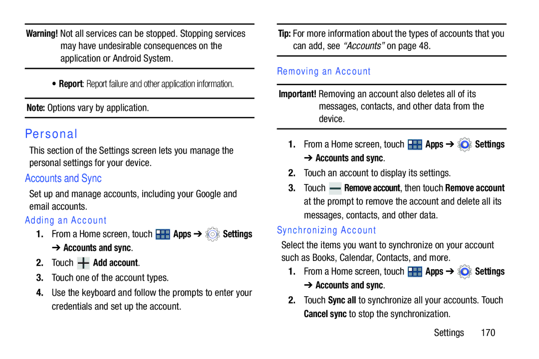 Samsung GT-P3113 user manual Personal, Accounts and Sync, Adding an Account, Removing an Account, Synchronizing Account 