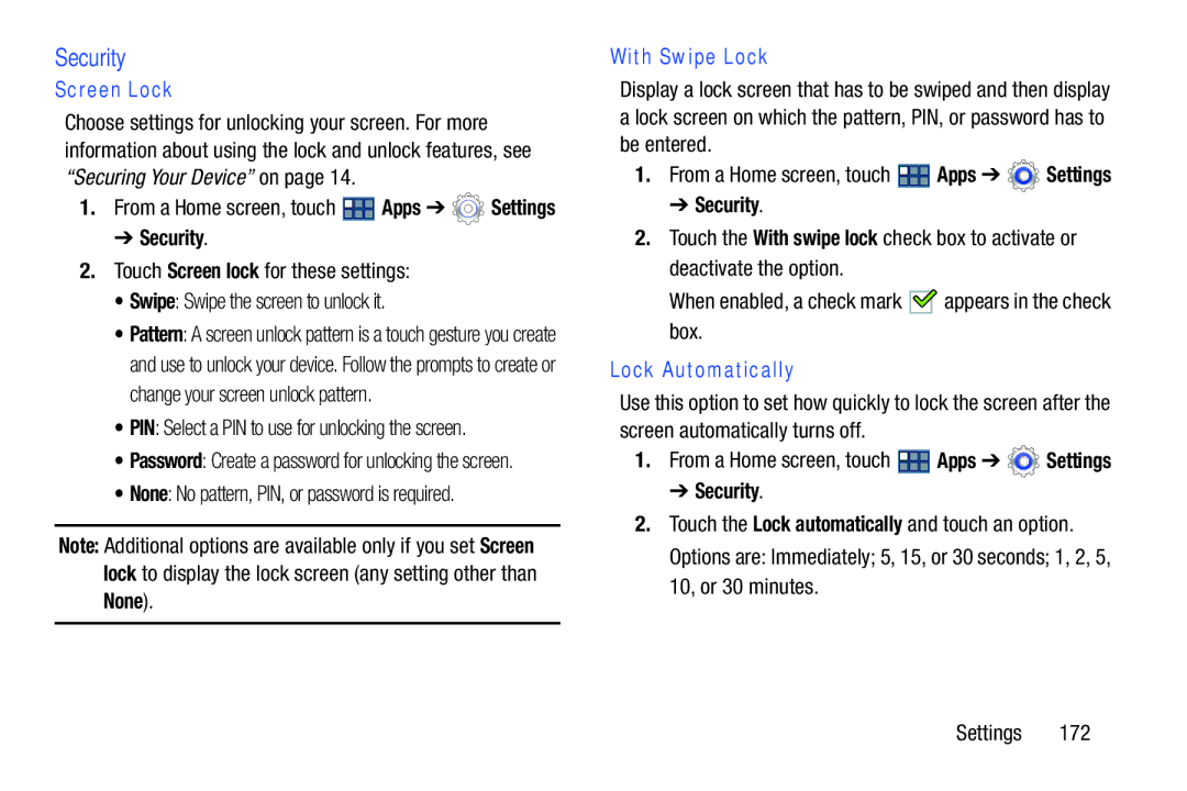 Samsung GT-P3113 user manual Security, Screen Lock, With Swipe Lock, Lock Automatically 